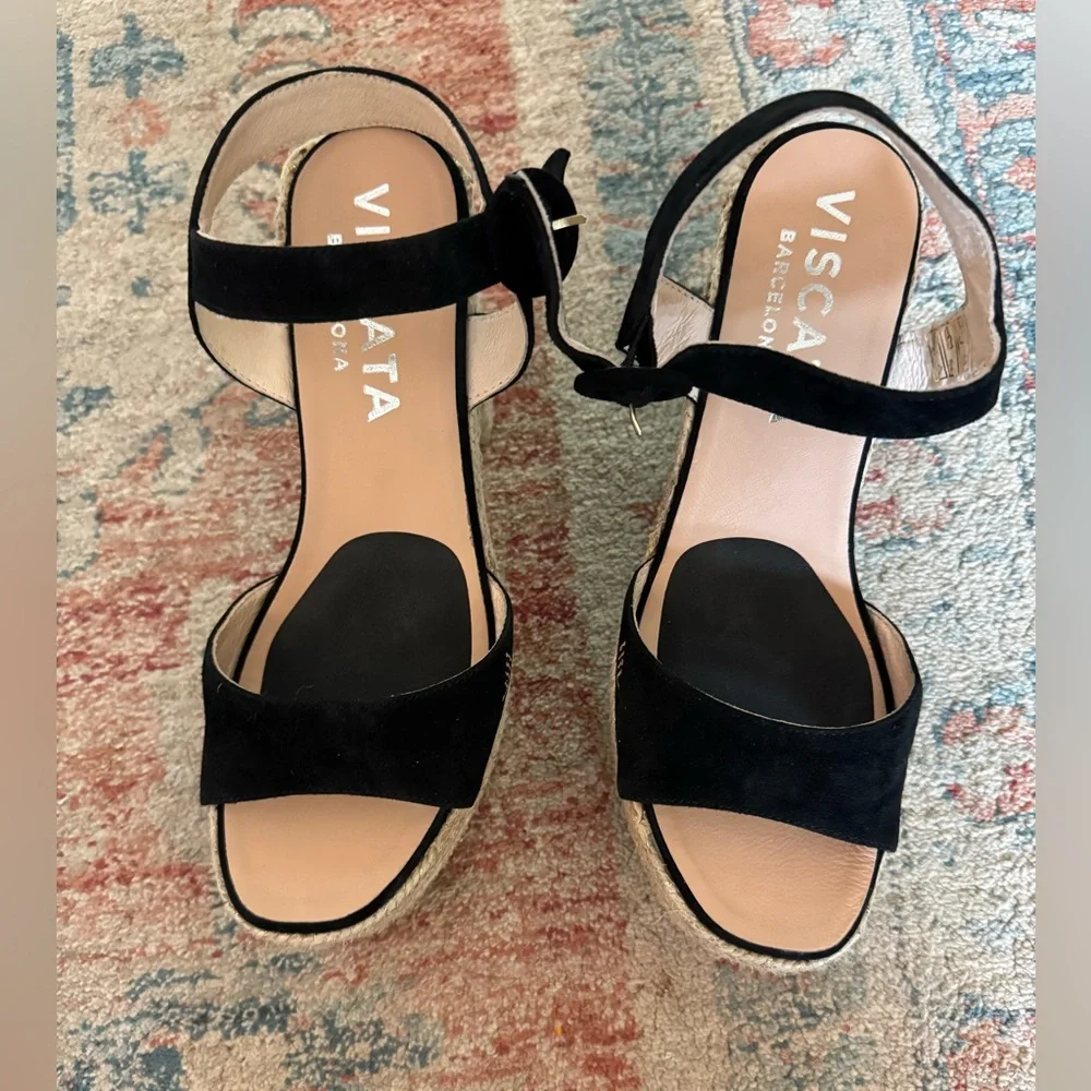 VISCATA Jana Black Suede Platform Espadrille Sandals Size 39 (8.5)